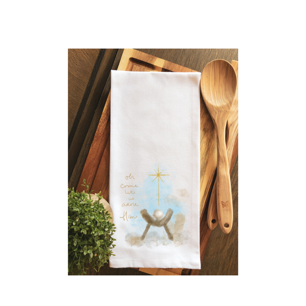 Hand Towel - Come Let us Adore Him Christmas Manger Tea Towel