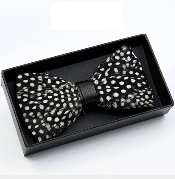 Bow Tie -  Natural Bird Feather Black & White Polka Dot Bow Tie w/Lapel Pin Set