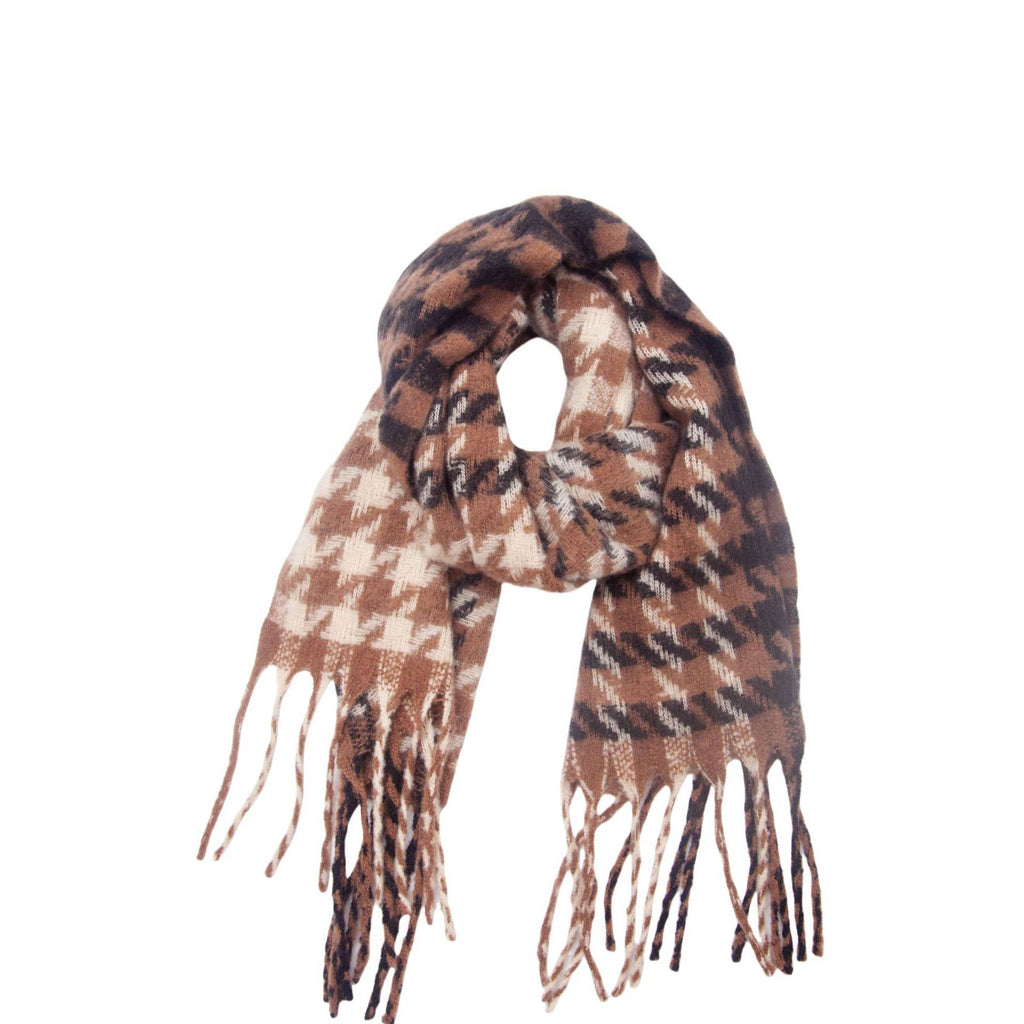 Scarf - Soft Two Tone Houndstooth Chunky Fleece Oblong Tassel Scarf