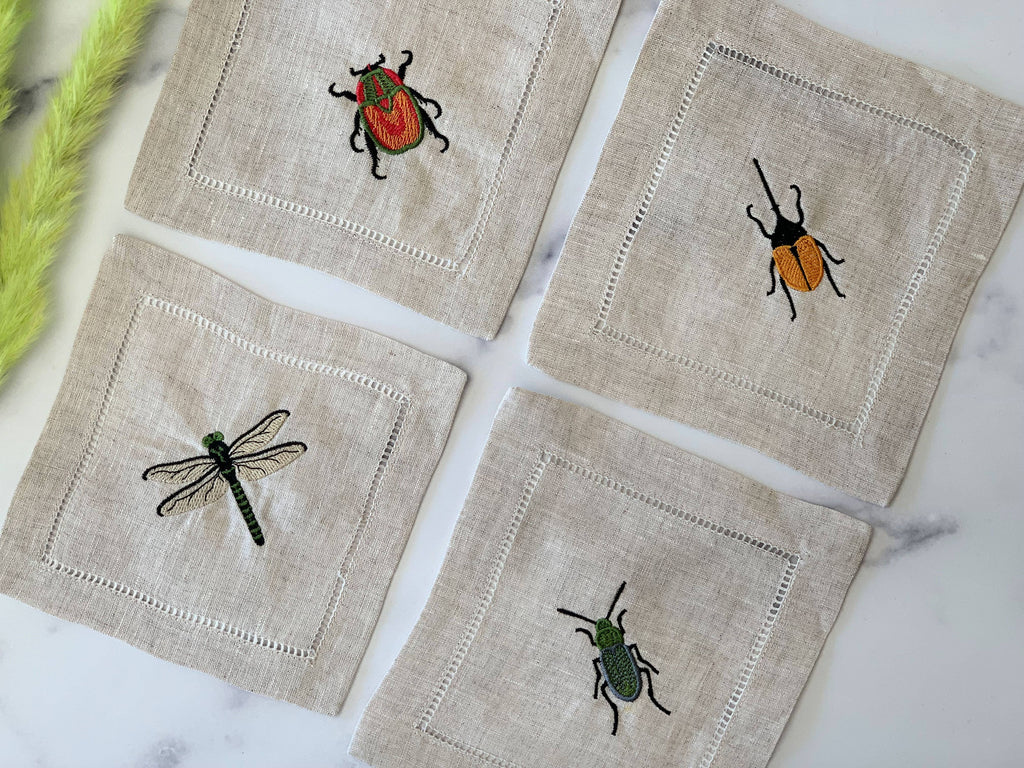 Beverage Napkins - Insect Embroidered Beverage Napkins, Set of Four