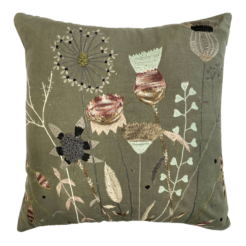 Pillow - Wild Flowers Cotton Embroidered Pillow in Gray