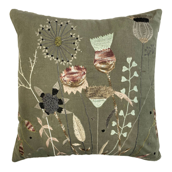 Pillow - Wild Flowers Cotton Embroidered Pillow in Gray