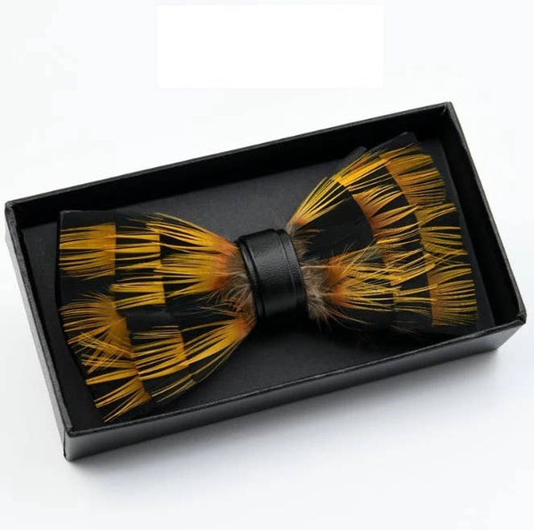 Bow Tie - Black & Gold Natural Feather Bow Tie w/Lapel Pin