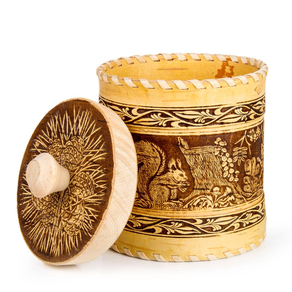 Woven Birch Bark Storage Container Squirrels