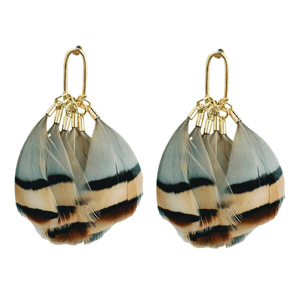 Earrings - Brown Striped Feather Statement Tassel Earrings