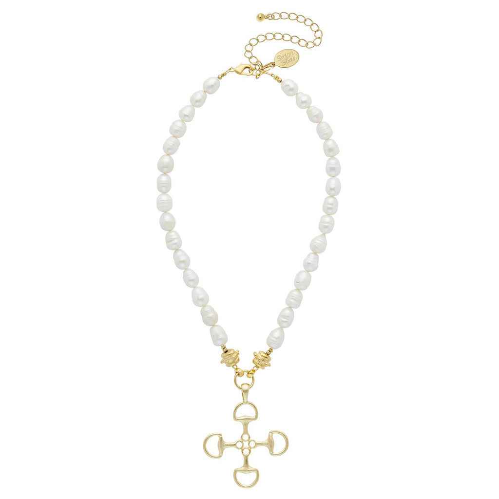 Necklace - Gold Horse-Bit Cross Pearl Necklace