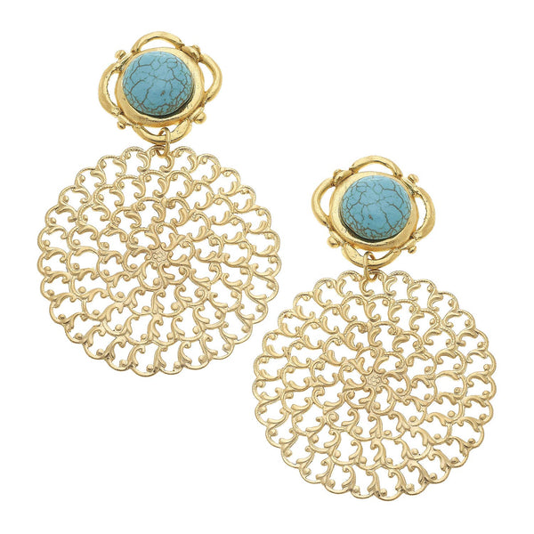 Earrings - Clip On - Gold Filigree and Genuine Turquoise Earrings