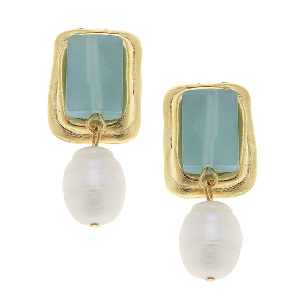 Earrings - Clip On -Gold & Aqua Quartz Rectangle W/Freshwater Pearl