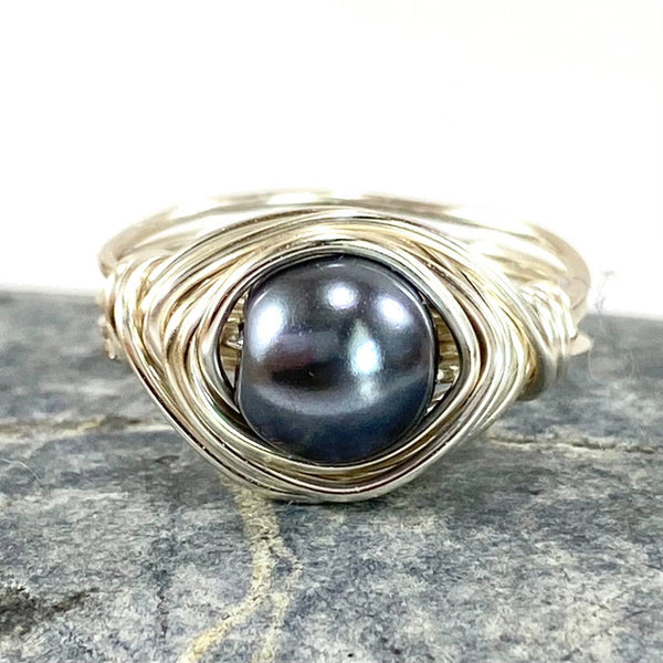 Grey Glass Pearl Silver Ring