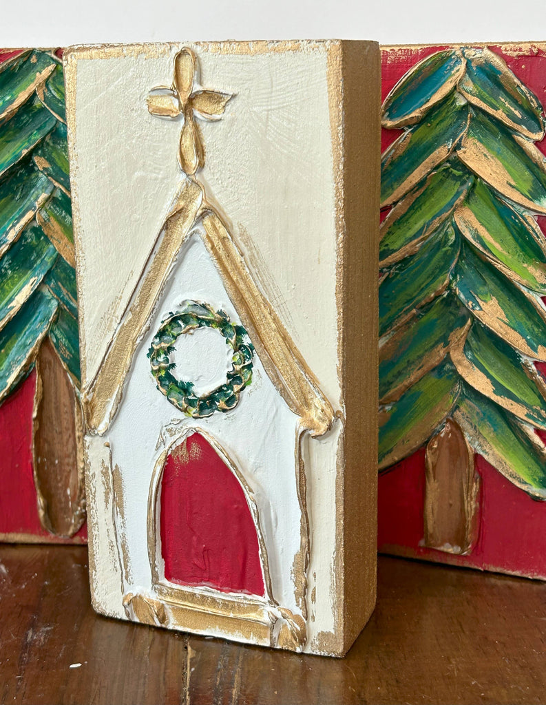 Hand-Painted Christmas Church With Wreath