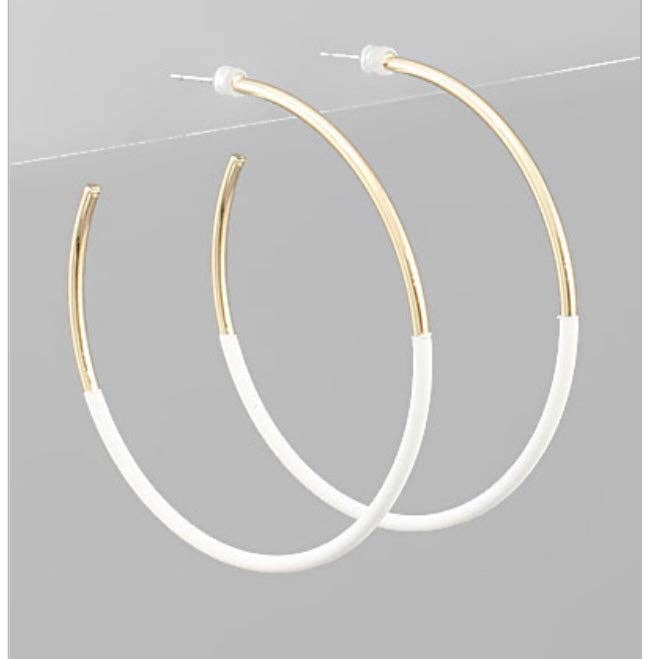 Earrings - White/ Gold Skinny Hoop Earrings
