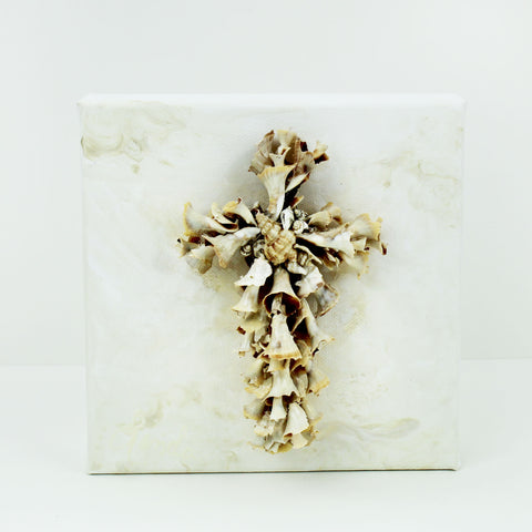 Handmade Seashell Cross on Canvas 6"x6"