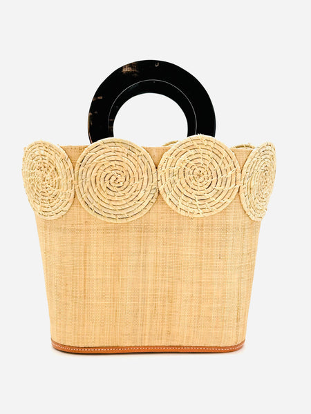 Purse - Tazi Disc Straw Handbag with Horn Handle in Natural