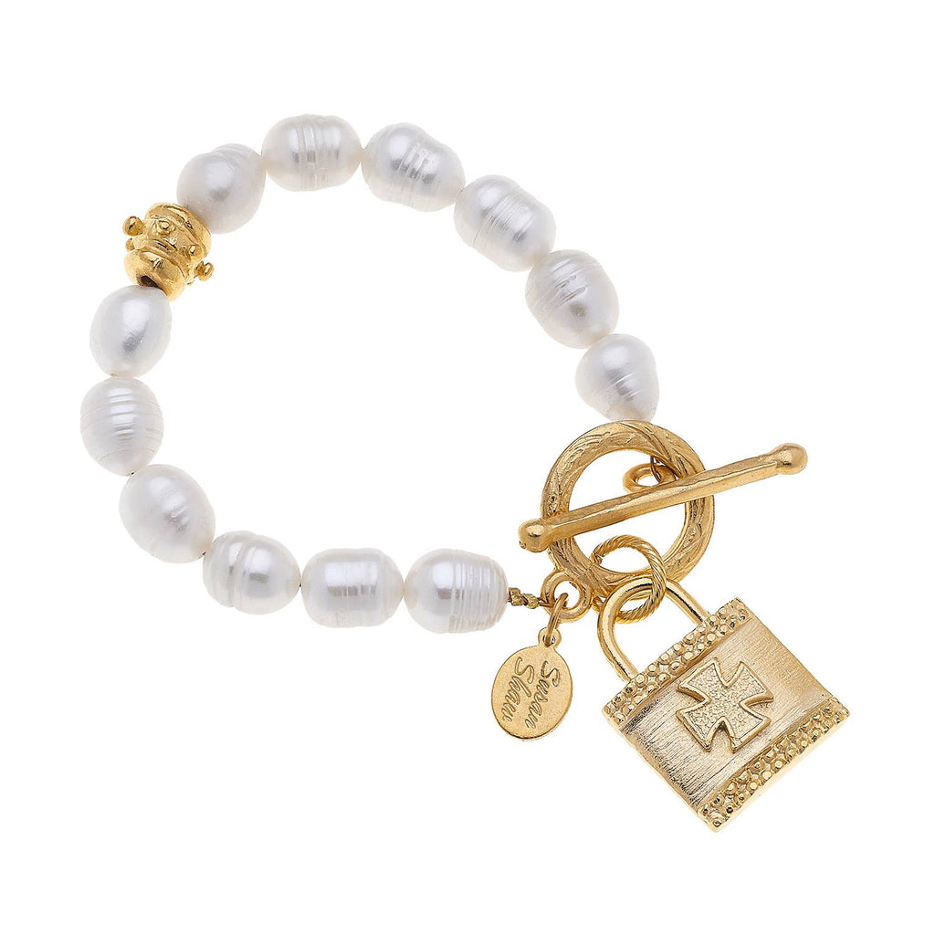 Bracelet - Freshwater Pearl & Gold Maltese cross Lock Bracelet