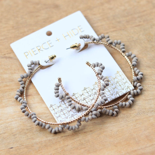 Earrings - Gray Wood Beaded Wrapped Hoop Earrings