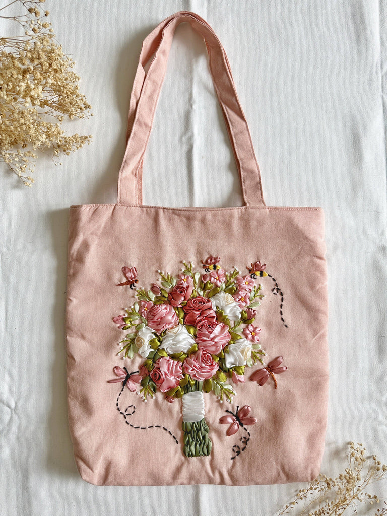 Bag - Linen Bag With Flower Bouquet Ribbon Embroidery