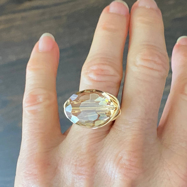 Ring - Oval Crystal Wire Wrapped Champagne Gold Ring