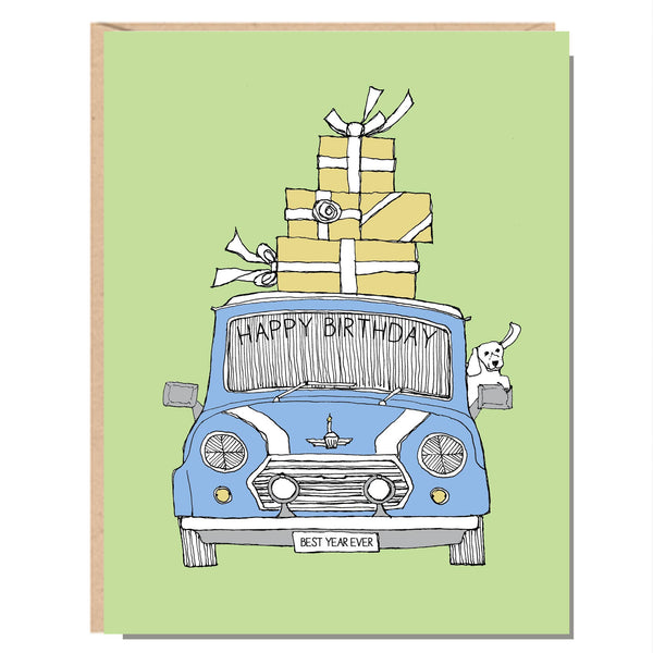 Greeting Card - Happy Birthday Car Card Mini with Presents and Dog