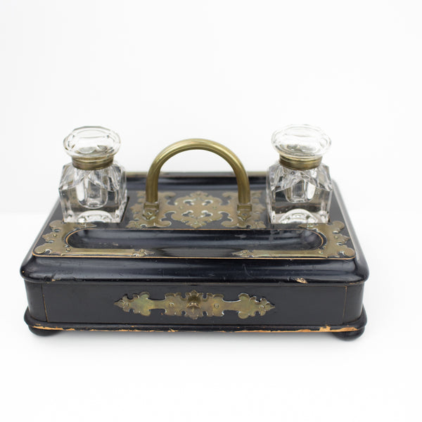 Estate Collection - Brass and Lacquered Wood Stationery Box and Inkstand