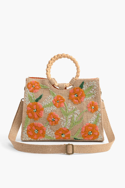 Purse - Floral Beaded Jute Shoulder Bag