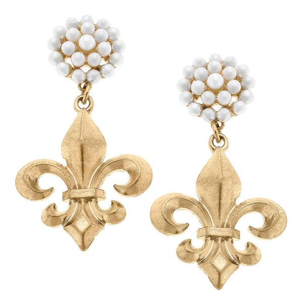 Earrings - Manon Bourbon Fleur de Lis & Pearl Cluster Drop Earrings