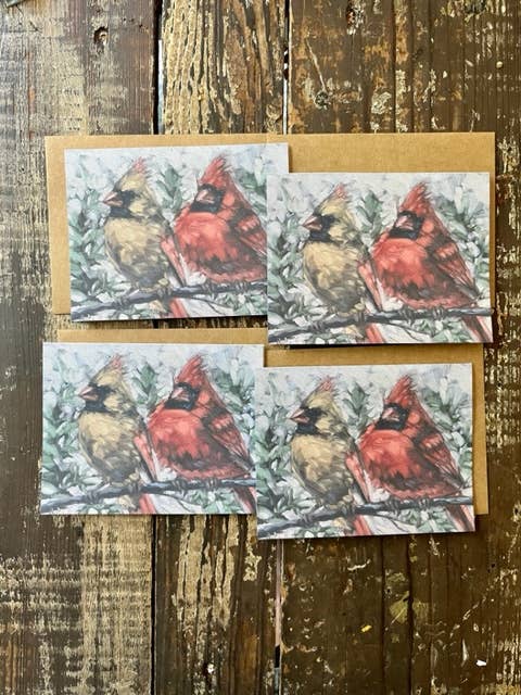 Notecards - Set of 4 Redbirds - Christmas