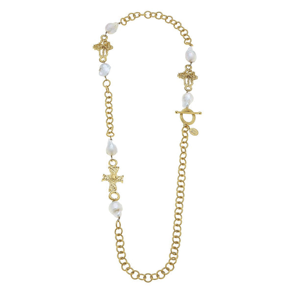 Necklace - Gold Crosses & Baroque Pearls on Gold