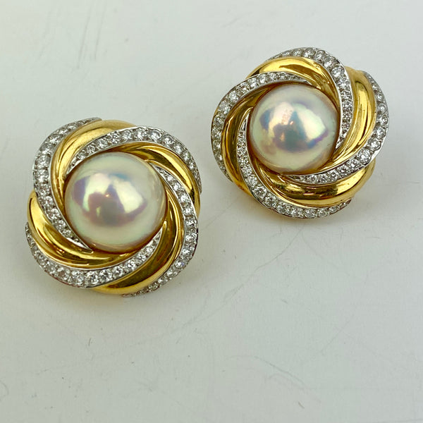 Estate Collection Earrings - Mikimoto 18Kt Gold Diamond & Mabe Pearl Earrings
