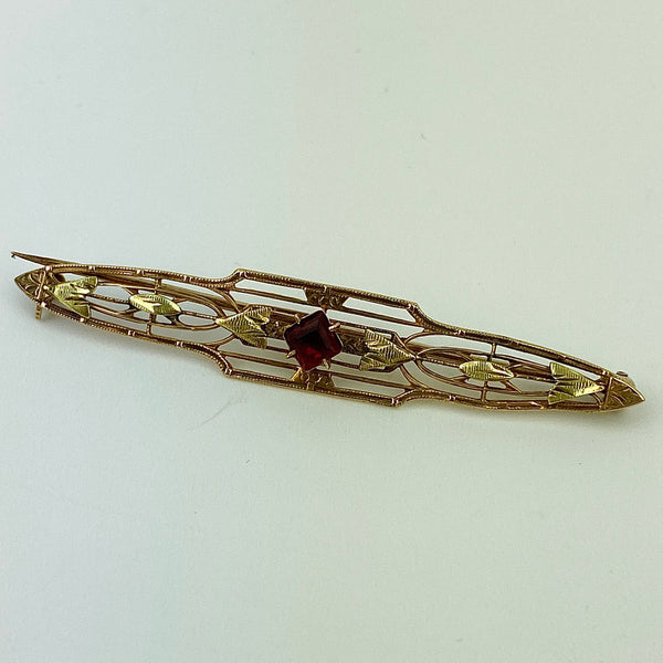 Estate Collection Brooch - Rose & Yellow Gold Bar Pin w/Red Stone