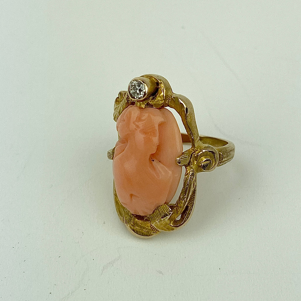 Estate Collection Ring - Coral Cameo w/Diamond Set in 18K