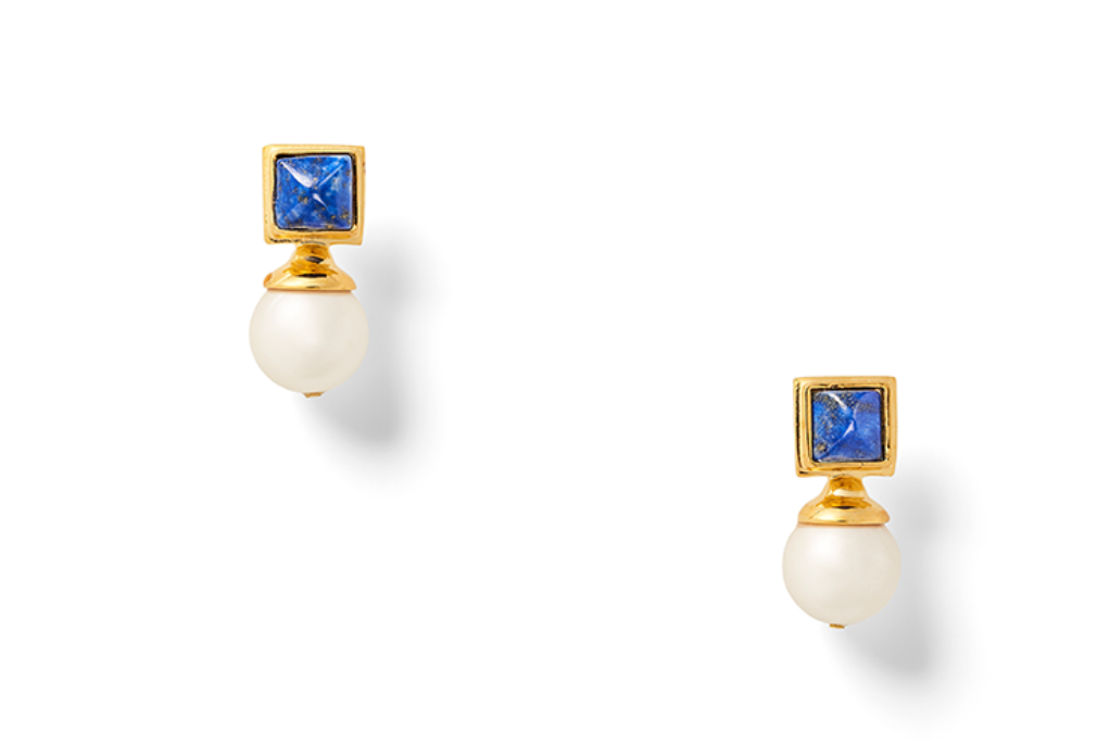 Earrings - Square X Top Semi Precious Stone w/Pearl Drop