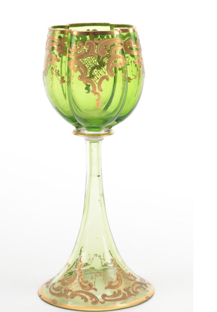 Estate Collection Bohemian Enameled Gilt Green Glass Alsace Glass