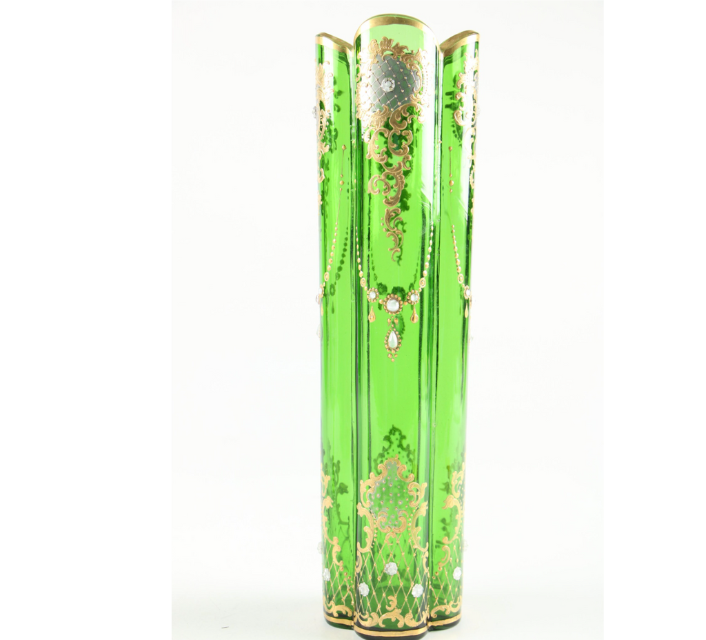 Estate Collection Bohemian Enameled Gilt Green Glass Vase