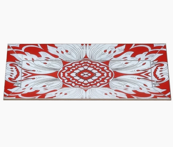 Handmade Reverse Painted Mirror Tray in Tomato