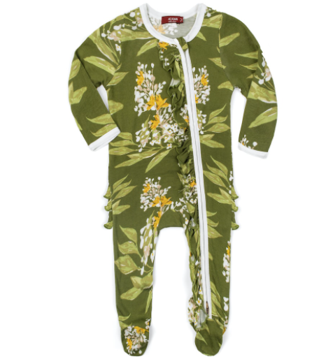 Green Floral Bamboo Ruffle Zipper Footed Romper