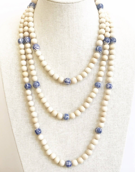 Necklace - Cream Wood Beads with Porcelain Accents