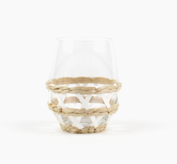 White Rattan Wrapped Stemless Wine Glasses