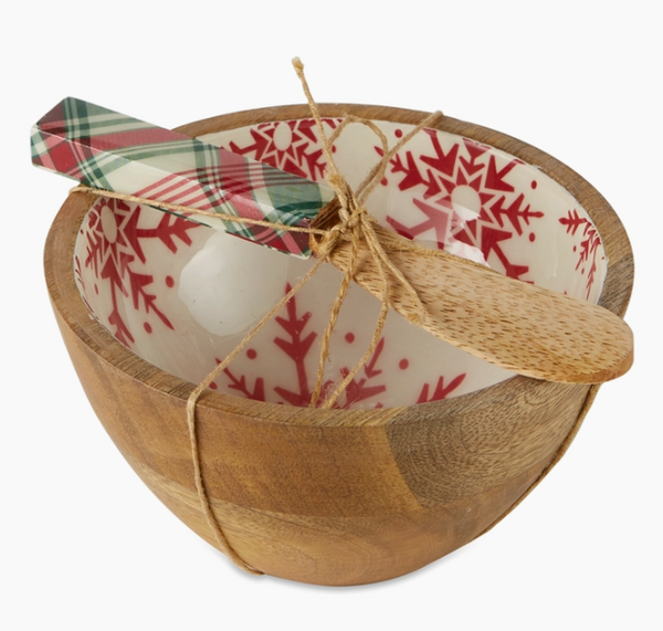 Bowl - Snowflakes Enamel Wood Bowl w/Spreader