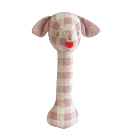 Rattle - Puppy Stick Rattle in Rose Check Linen