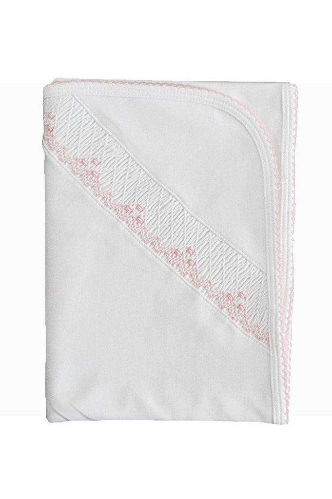 Pima Cotton White & Pink Smocked Blanket w/ Picot Pink Edge