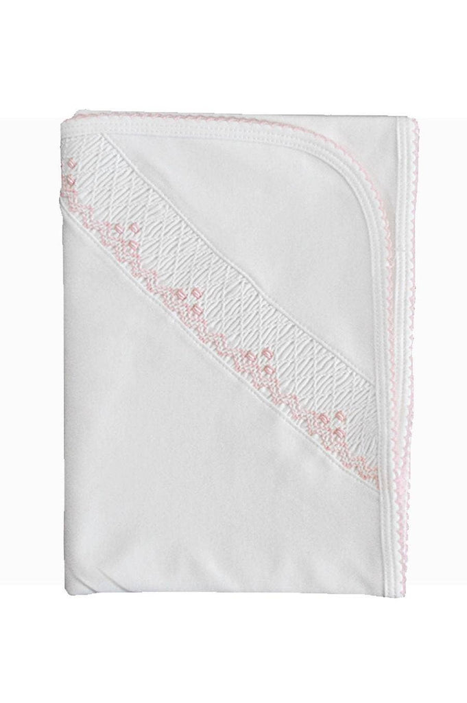 Baby Blanket - In White Pima Cotton & Pink Smocking w/ Picot Pink Edge