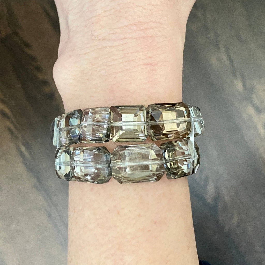 Bracelet - Multi Layer Smokey Crystal & Gold  Stretch Bracelet