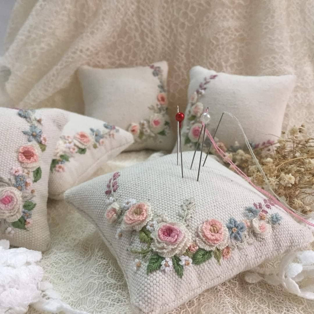 Embroidered Roses Square Pincushion