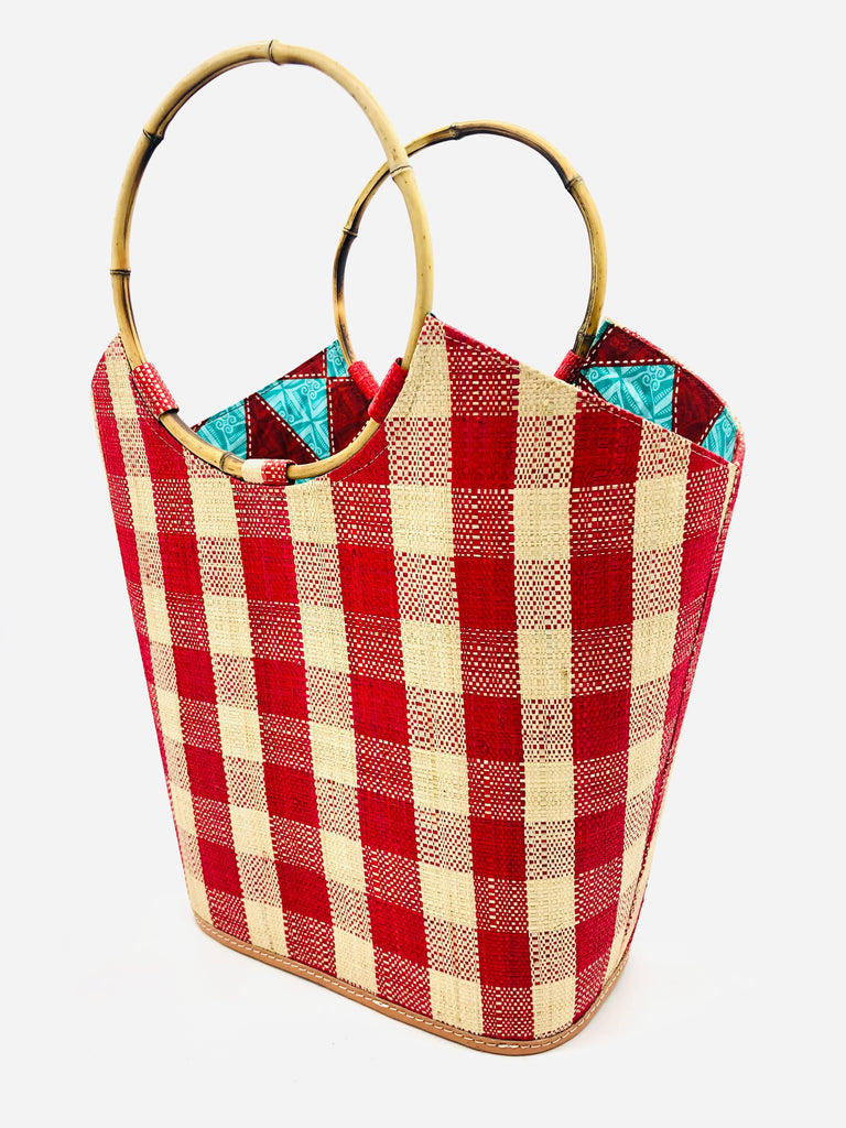 Tote - Carmen Gingham Straw Bucket Bag with Bamboo Handles