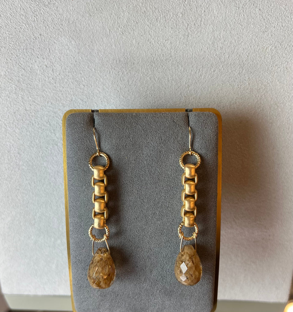 Earrings - Rutilated Quartz Tear w/Box Chain in Gold