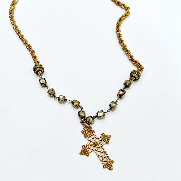Coptic Cross on Pyrite with a Vintage Rope Chain