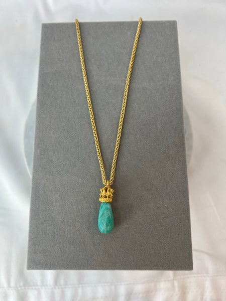 Necklace - Vermeil Crown on Amazonite Hangs on Wheat Chain