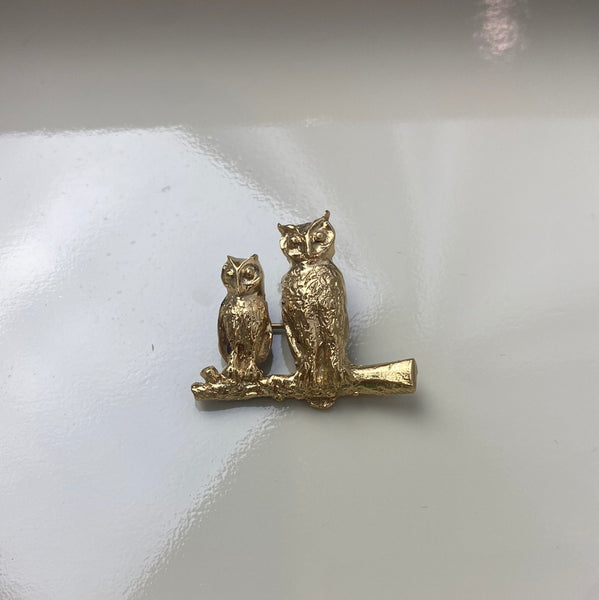 Estate Collection Brooch - 14K Gold W/Two Owls Perched on a Branch