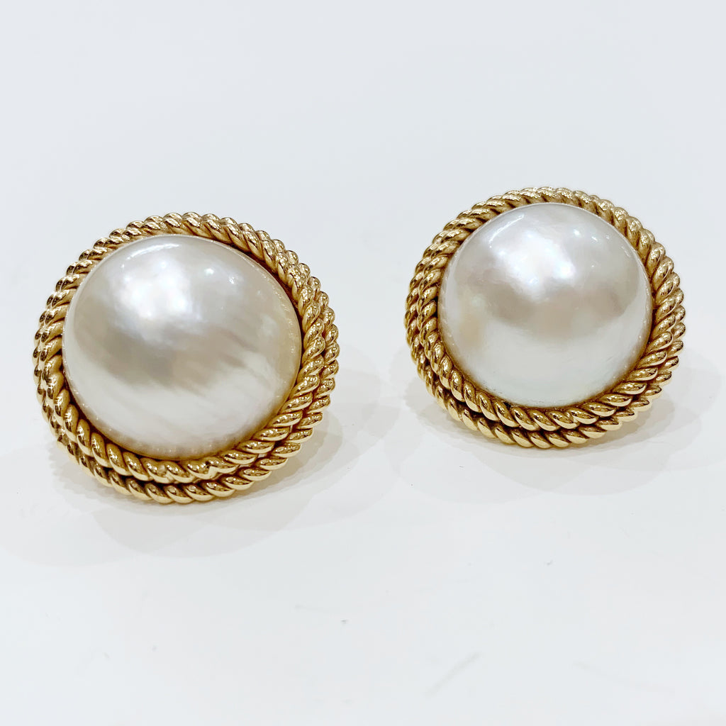 Estate Collection Earrings - Large Mabe Pearl W/14K Gold Rope Design