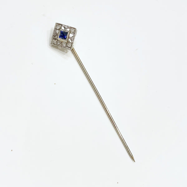 Estate Collection Brooch - Stick Pin 14K White Gold w/Blue Stone & Diamonds